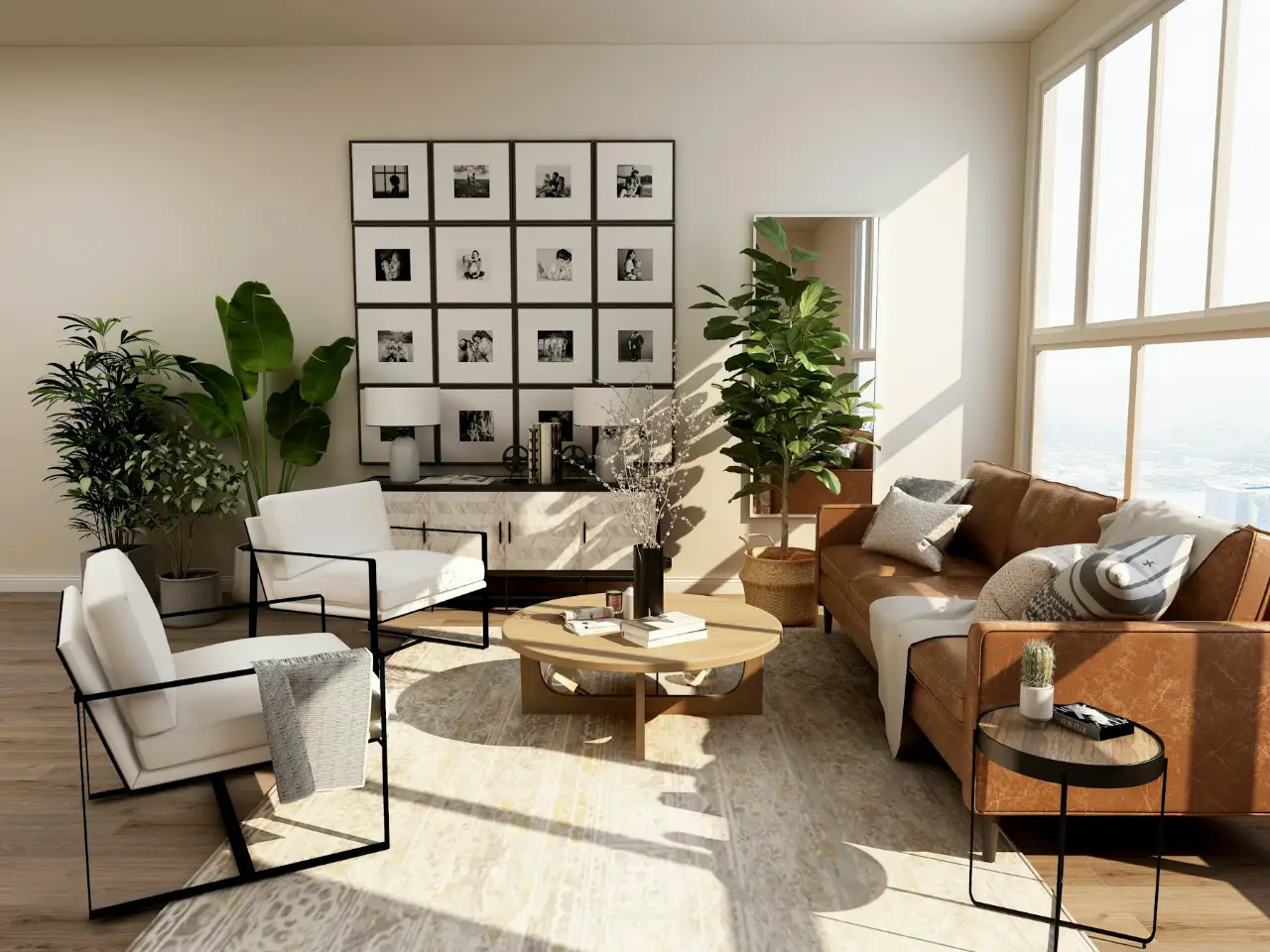 Sunlit contemporary living space with natural plants